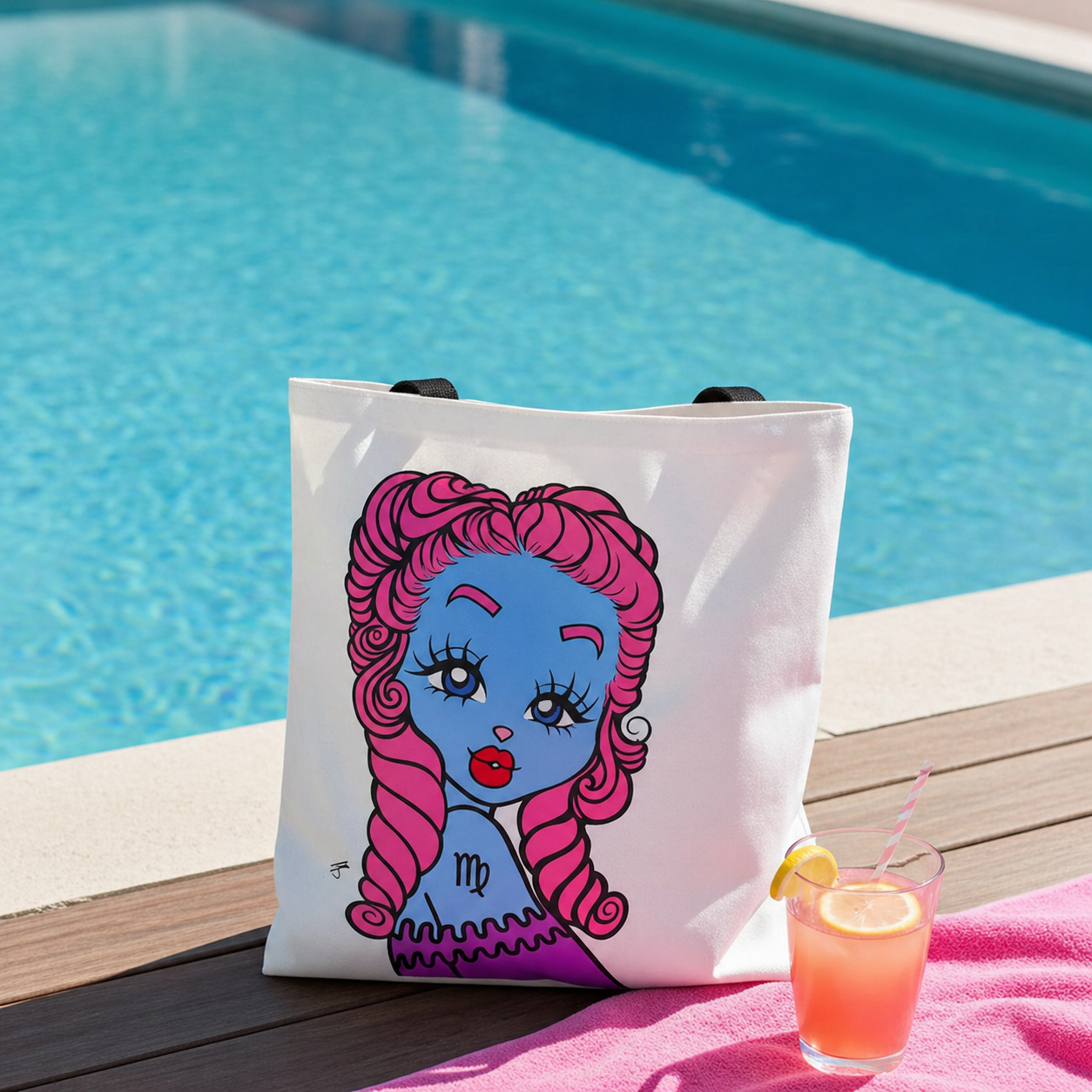 Tote bag with a Virgo character by a poolside with a drink and towel.