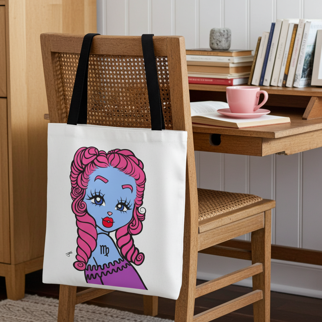 Tote bag with a Virgo character hanging on a wooden chair in a room.