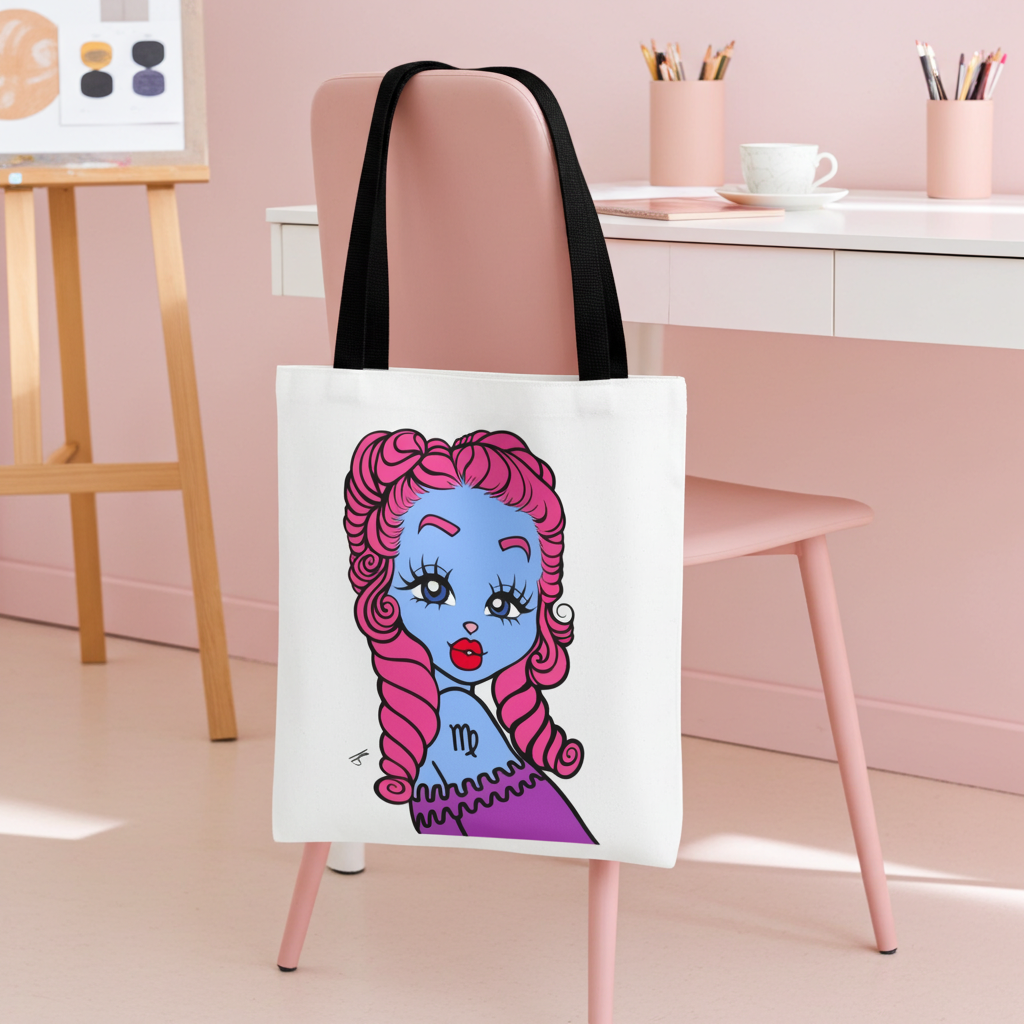 Tote bag with a Virgo character design hanging on a pink chair in a room.