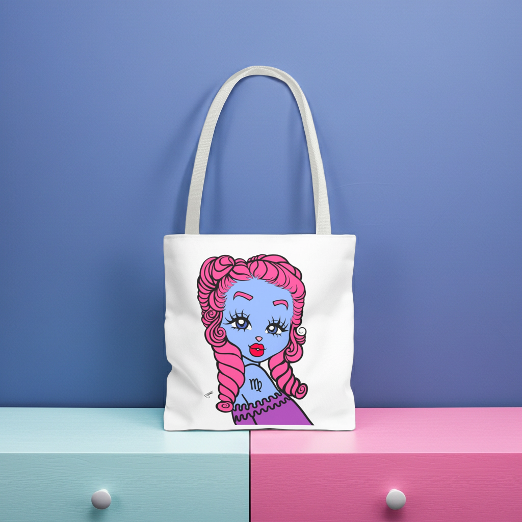 Tote bag with a colorful character design on a two-tone blue and pink background