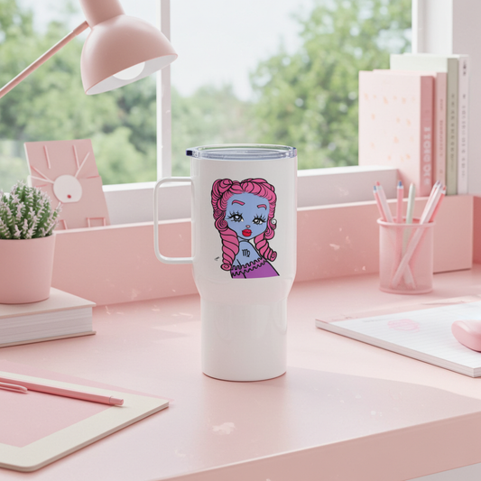 White tumbler with a colorful Virgo Character design on a pink desk with stationery items.