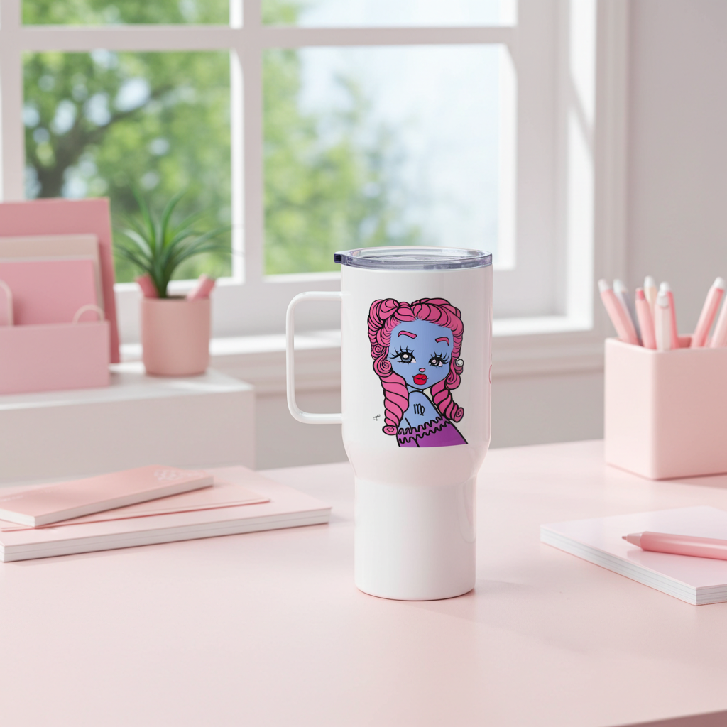 White tumbler with a colorful Virgo character design on a pink desk with office supplies.