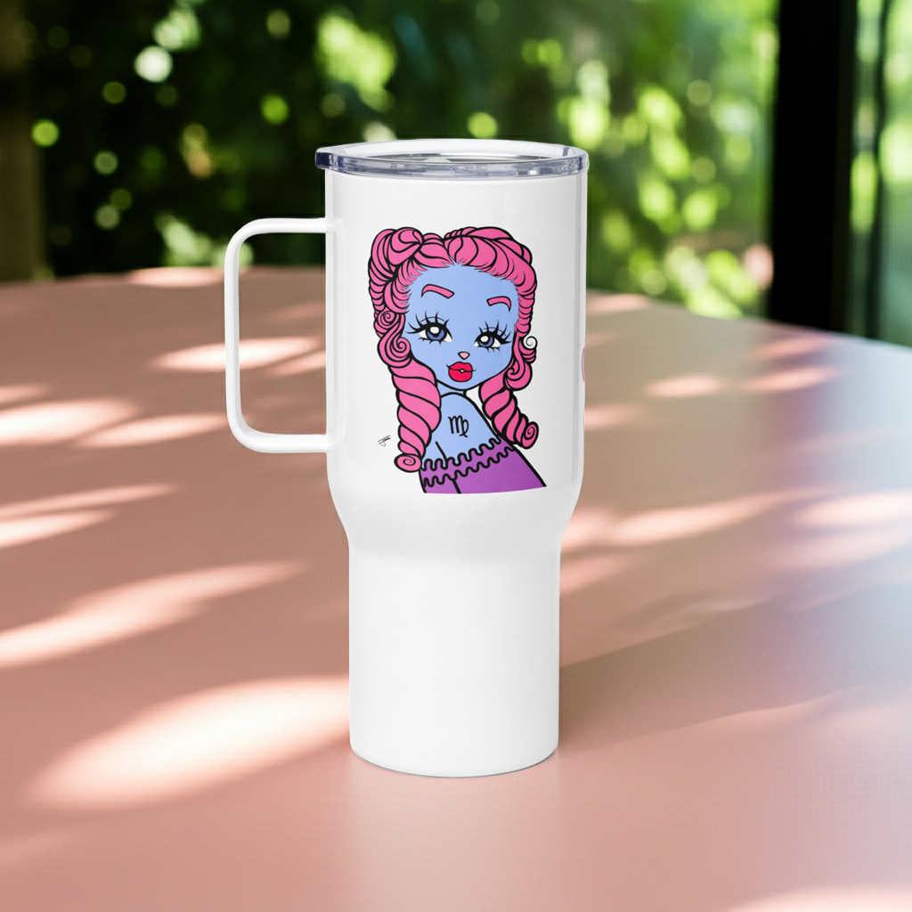 White tumbler with a colorful Virgo character on a wooden surface with greenery in the background