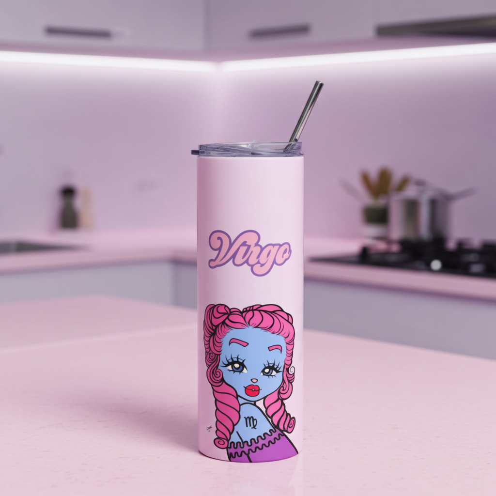 Tumbler with a Virgo character and 'Virgo' text in a kitchen setting