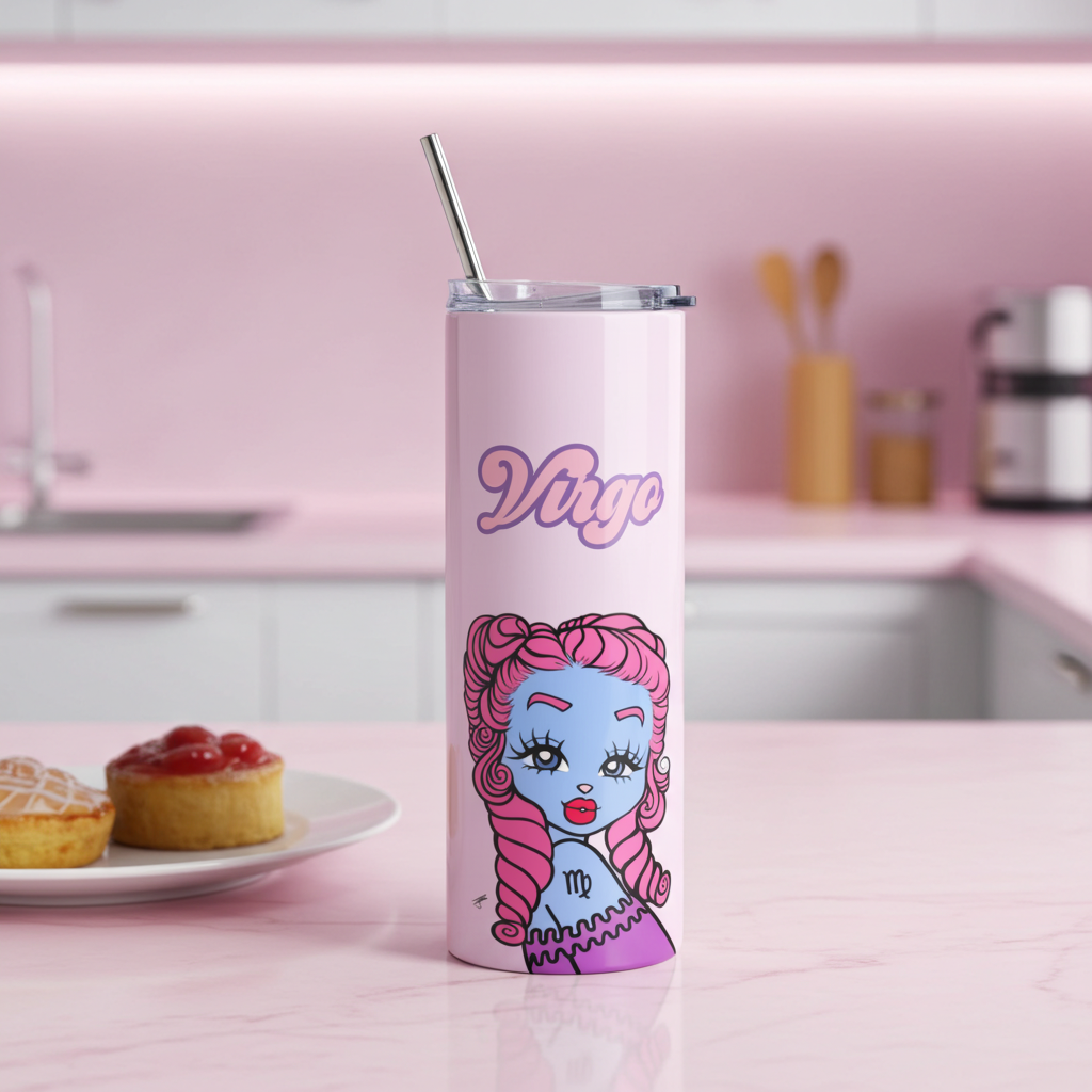 Tumbler with a Virgo character with pink hair and the word 'Virgo' on a kitchen counter.