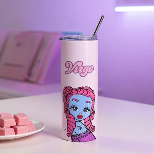 Tumbler with a Virgo character and 'Virgo' text on a pink background