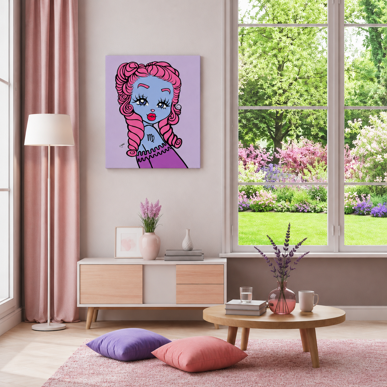 Living room with a painting of a Virgo character design on the wall, a lamp, and a window view of a garden.
