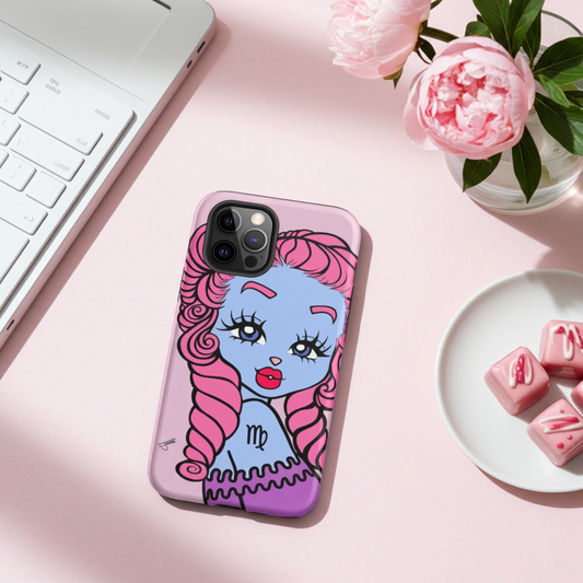 Phone case with a Virgo character design on a pink surface with flowers and a laptop.