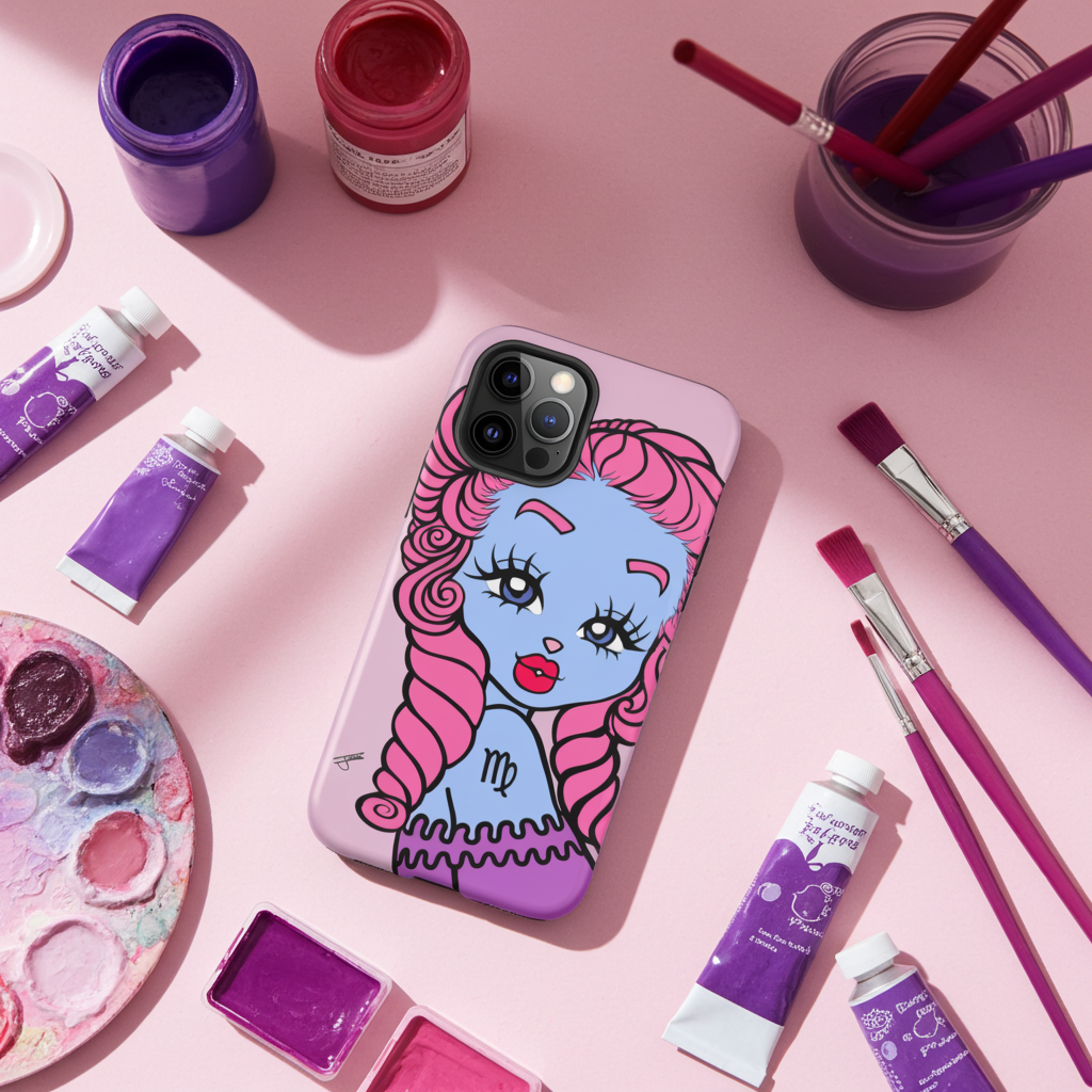 Phone case with a Virgo character surrounded by art supplies on a pink background