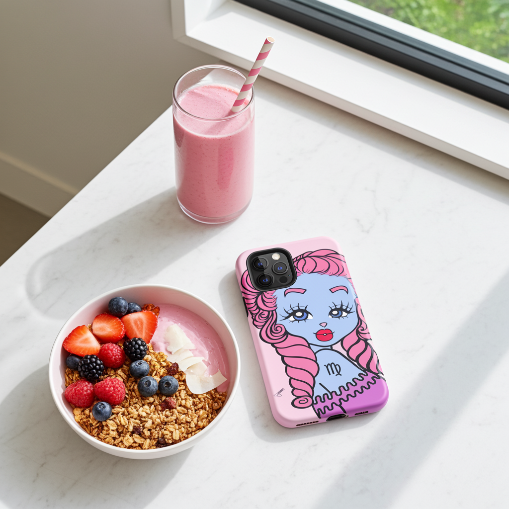Phone case with a Virgo character design next to a pink smoothie and bowl of fruit on a white surface.