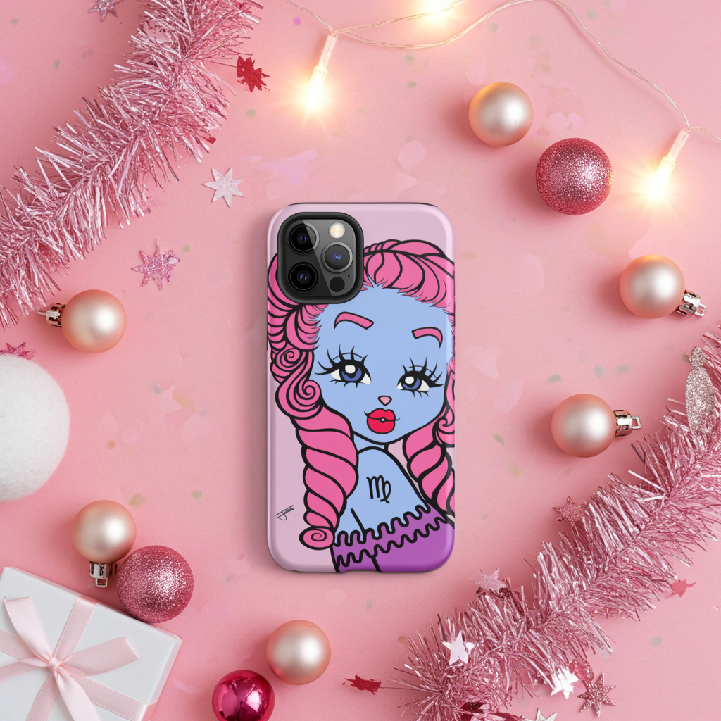 Phone case with a colorful character design on a pink background with festive decorations