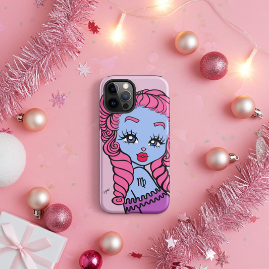 Phone case with a colorful character design on a pink background with festive decorations