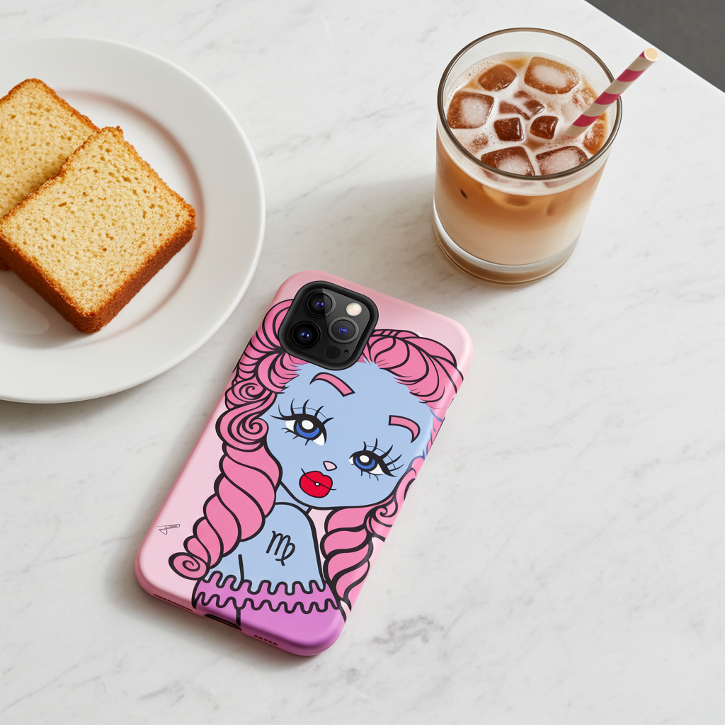 A pink phone case with Virgo character design, shown on a white marble surface next to a plate of toast and an iced coffee.