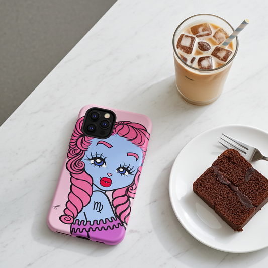 A pink phone case featuring a virgo character, styled on a white marble table next to an iced coffee and a slice of chocolate cake.