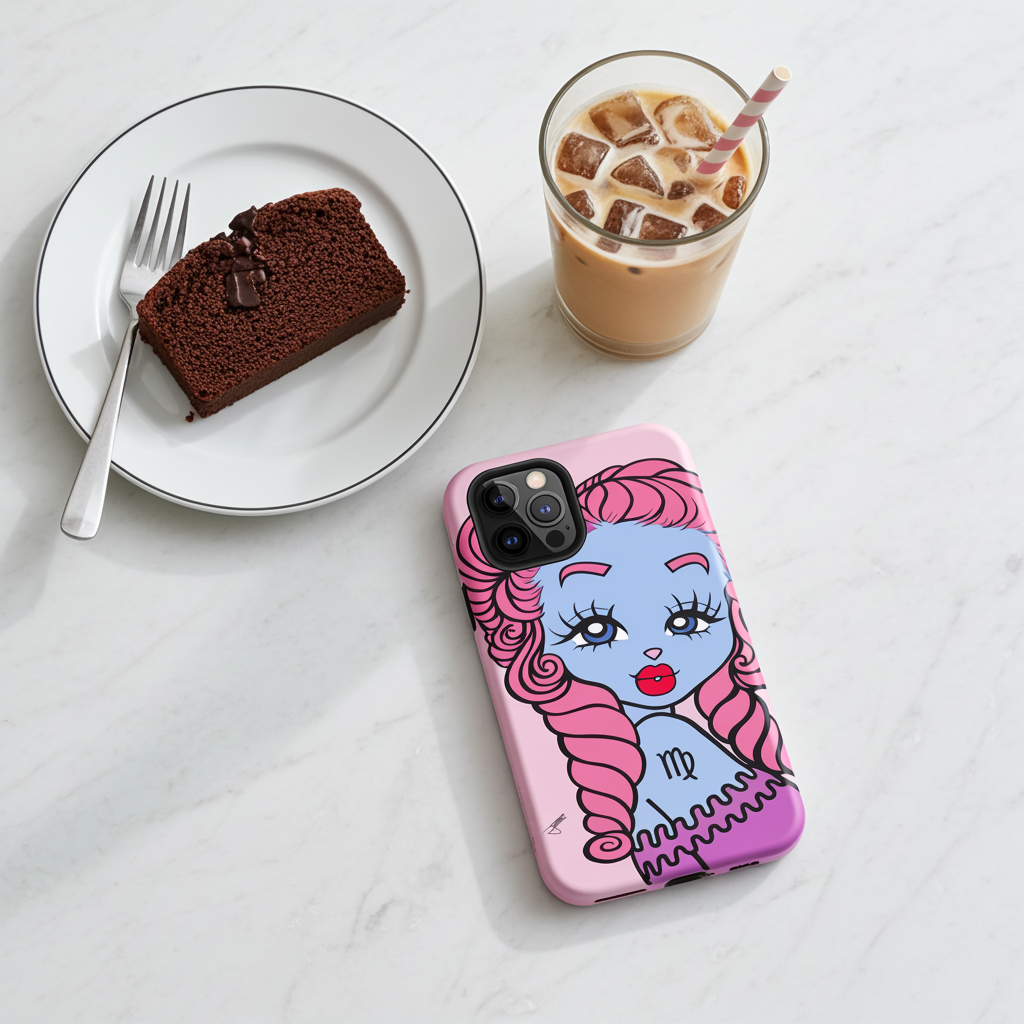 A pink phone case with a virgo character lies on a white marble surface next to a plate with a slice of chocolate cake and an iced coffee with a striped straw.