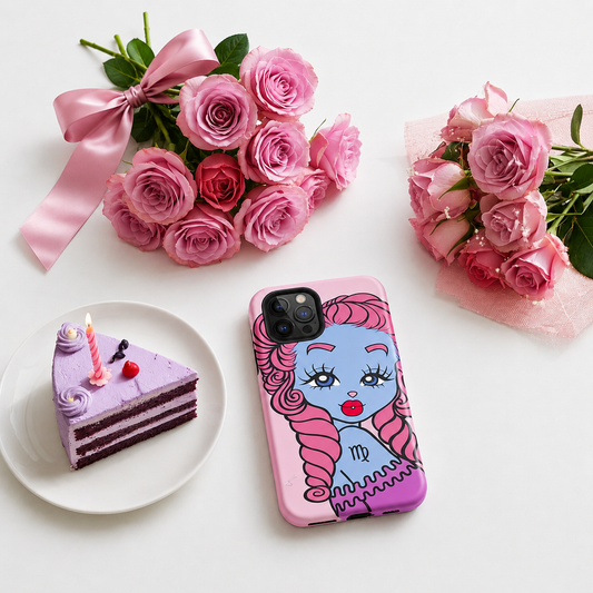 A pink phone case featuring a cartoon character with pink hair and a blue face, styled on a white surface alongside pink rose bouquets, a slice of purple birthday cake on a plate, and a pink ribbon bow.