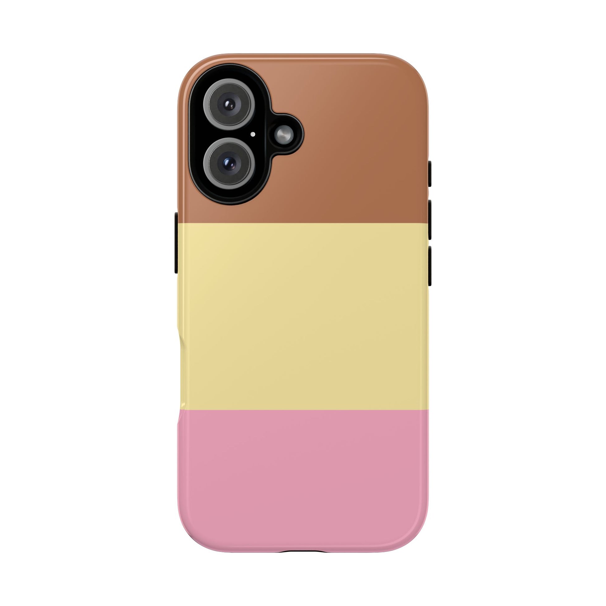 Phone case with yellow and brown and pink striped pattern on a white background