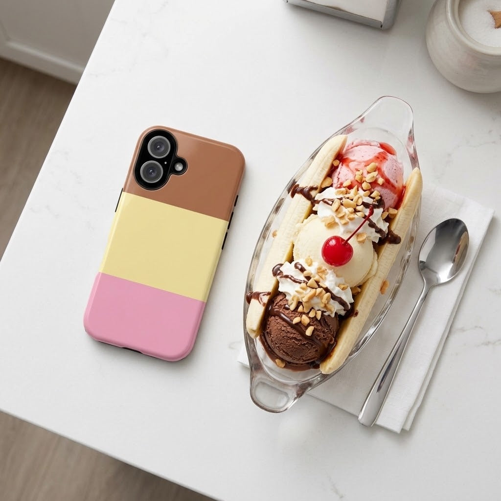 A phone case with a three-color block design in brown, pale yellow, and pink, shown next to a banana split dessert on a white marble tabletop.