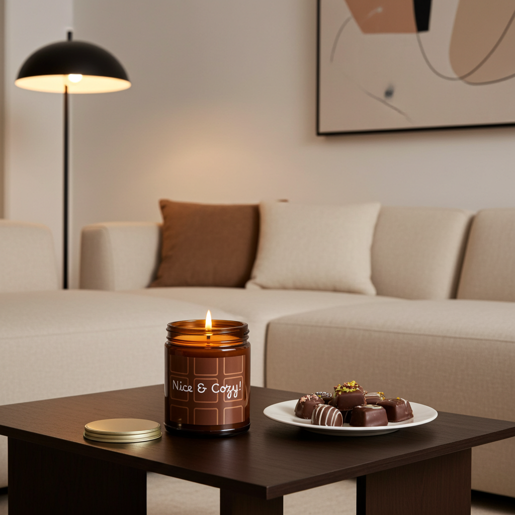 Nice & Cozy Candle on a coffee table in a living room with a couch and lamp in the background