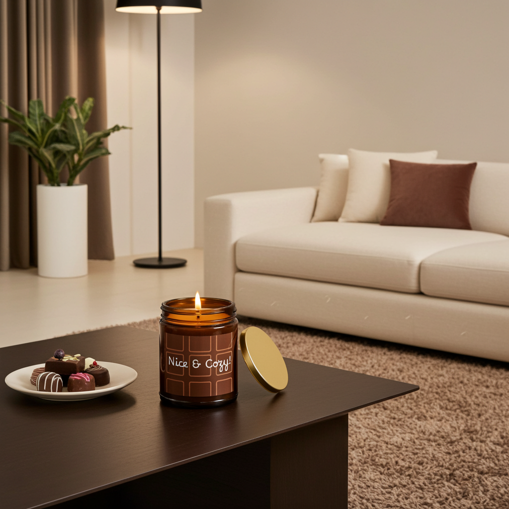 Candle in a decorative jar on a coffee table with a plate of pastries in a living room setting.