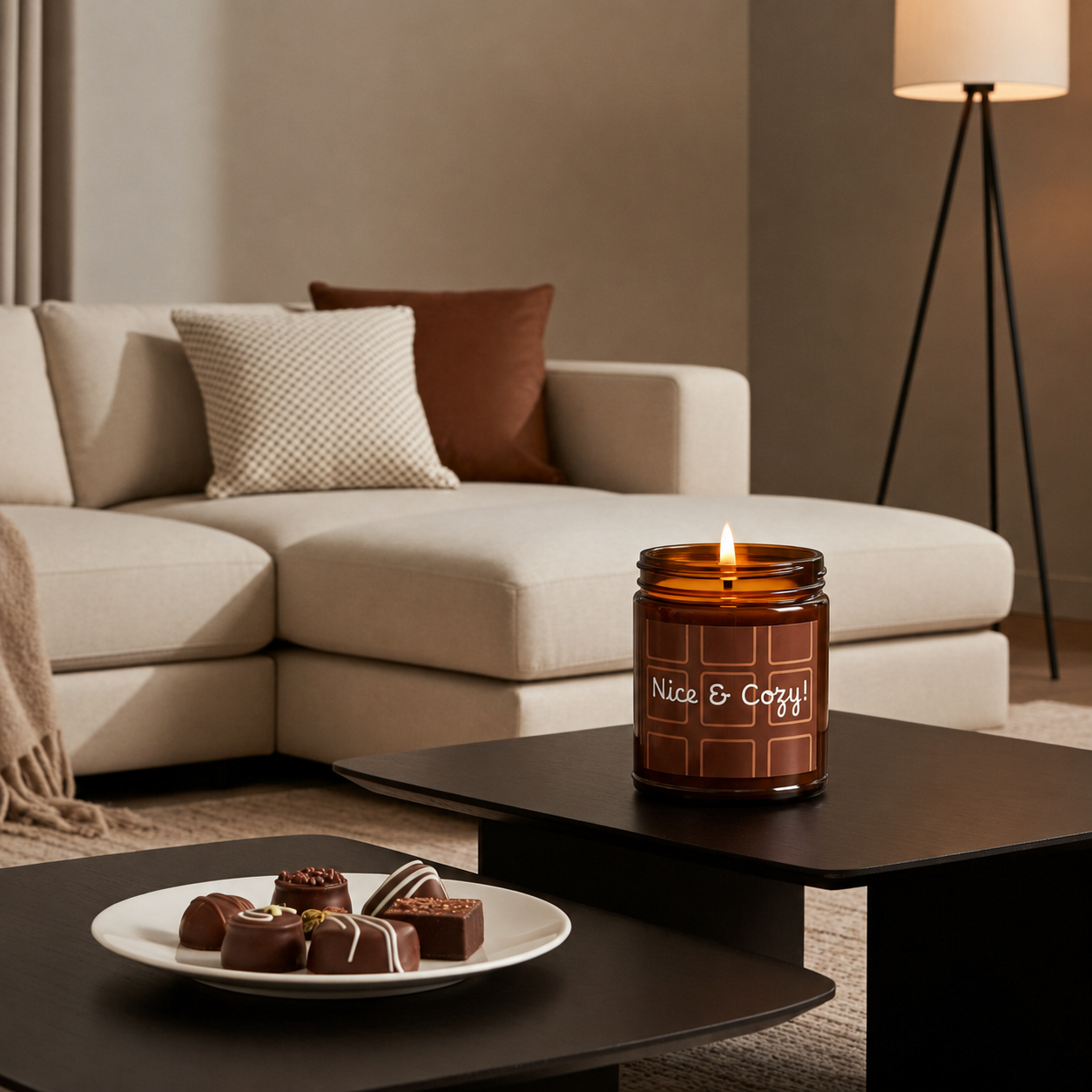 Candle labeled 'Nice & Cozy' on a coffee table with a plate of cookies in a living room setting.