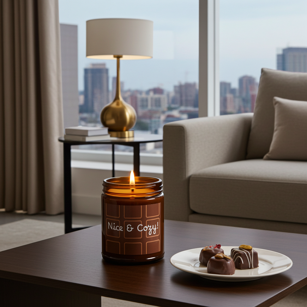Candle labeled 'Nice & Cozy' on a table with a plate of chocolates in a living room with city view.