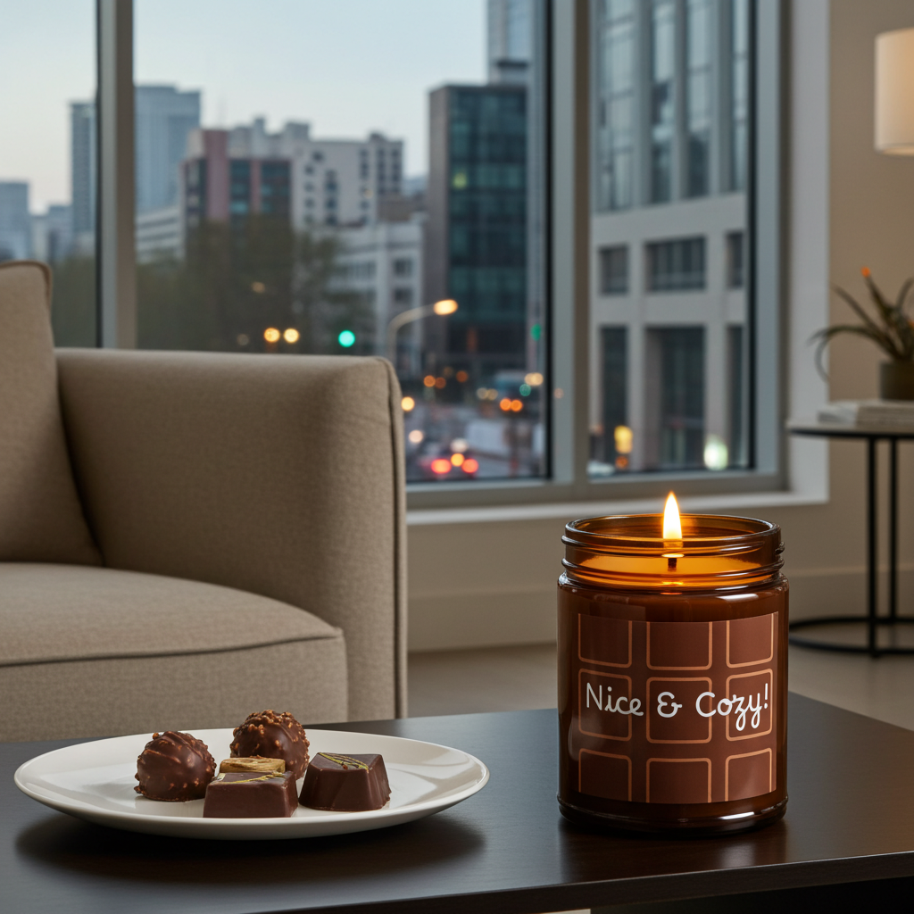 Candle labeled 'Nice & Cozy!' on a table with chocolates and a cityscape view.
