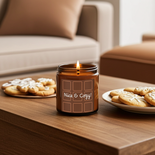 Candle labeled 'Nice & Cozy!' on a wooden table with cookies, in a cozy living room setting.