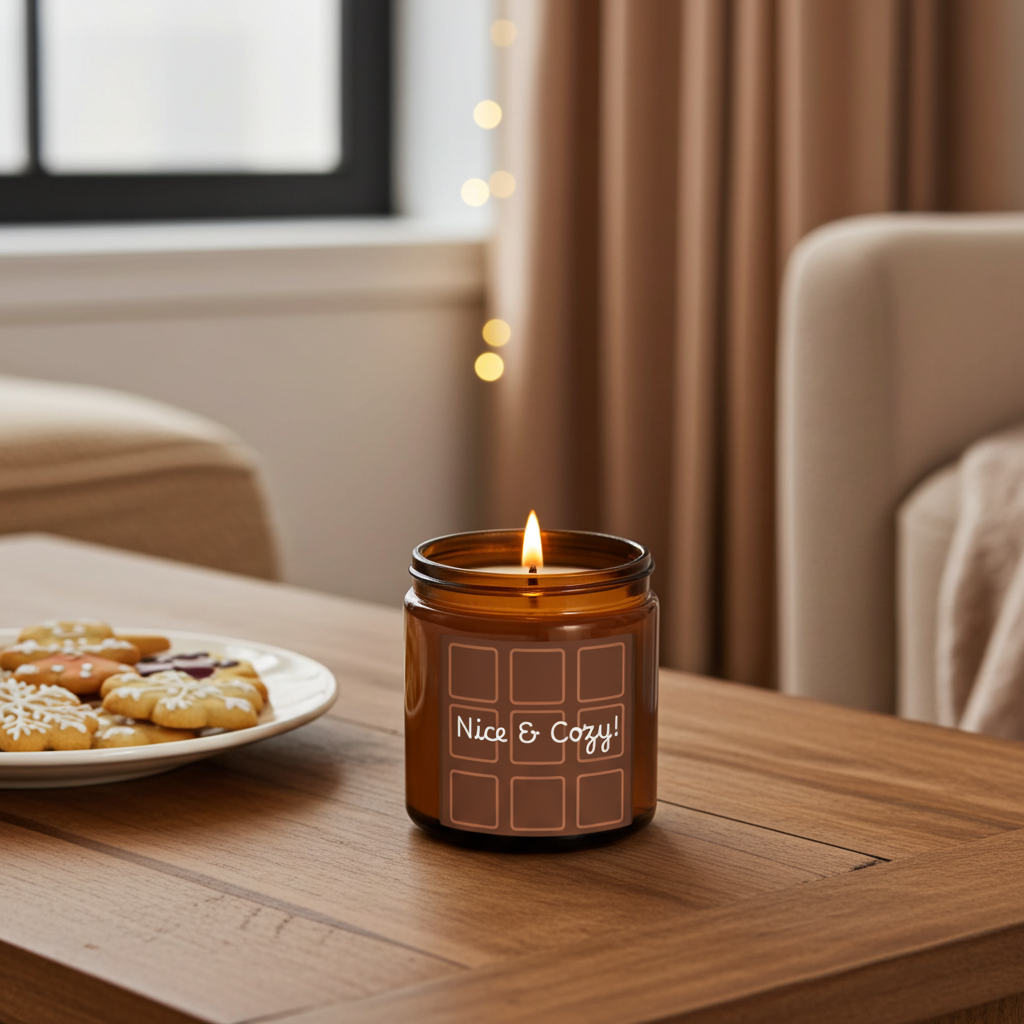 Candle labeled 'Nice & Cozy!' on a table with cookies, in a cozy room.