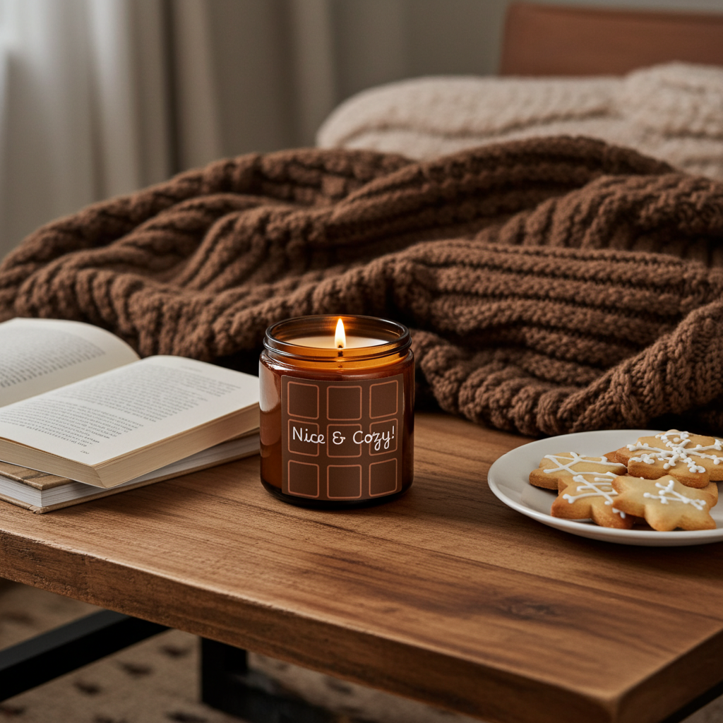 Candle labeled 'Nice & Cozy!' on a wooden table with cookies and an open book, surrounded by a cozy blanket.