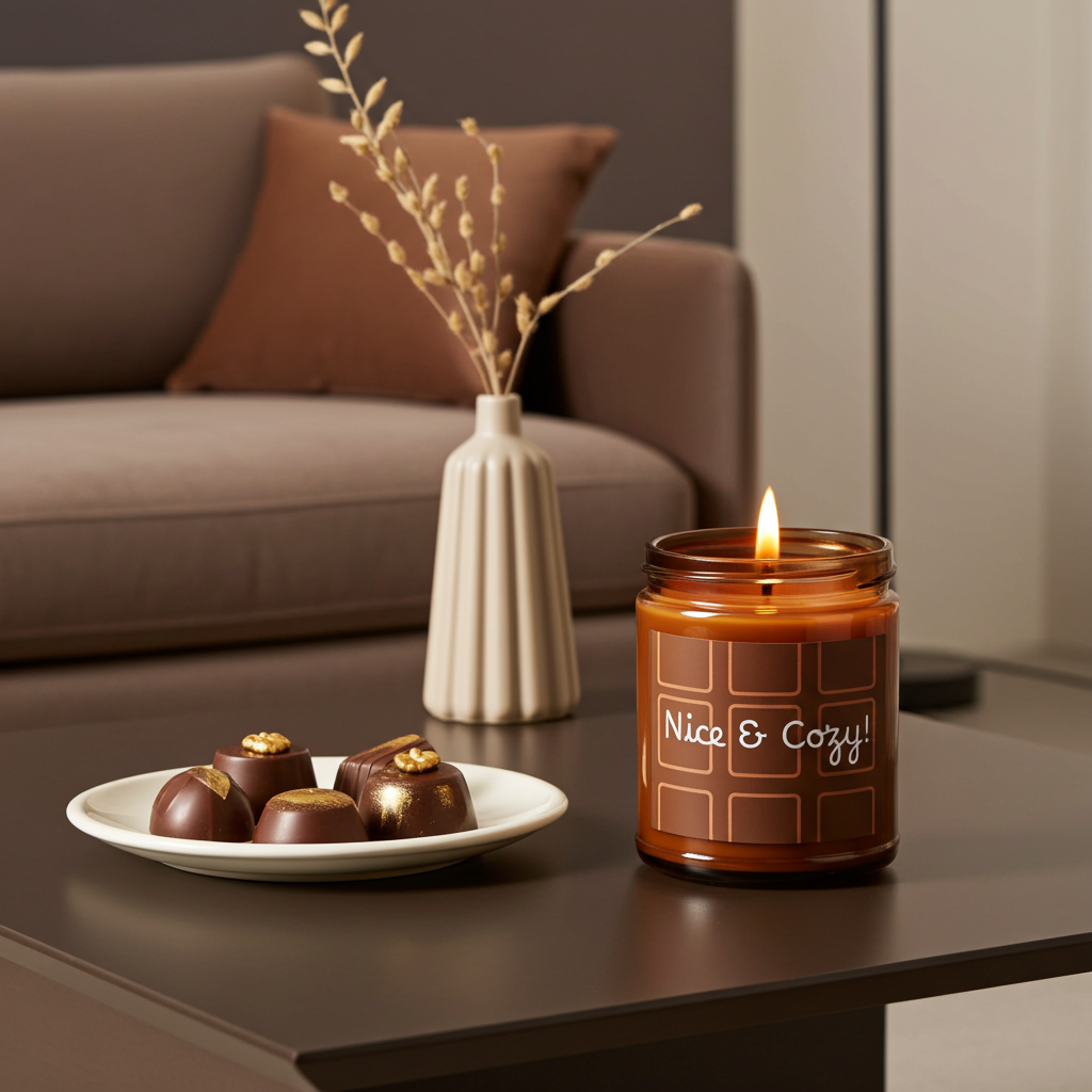 Candle labeled 'Nice & Cozy' on a table with chocolates and a vase in the background