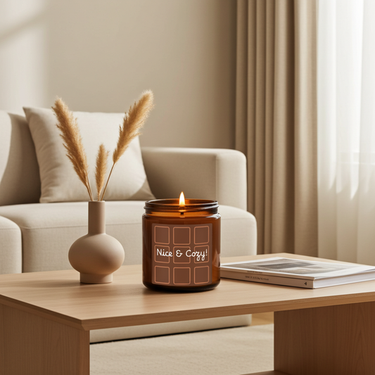 Candle labeled 'Nice & Cozy!' on a coffee table with a couch and decorative elements in the background.