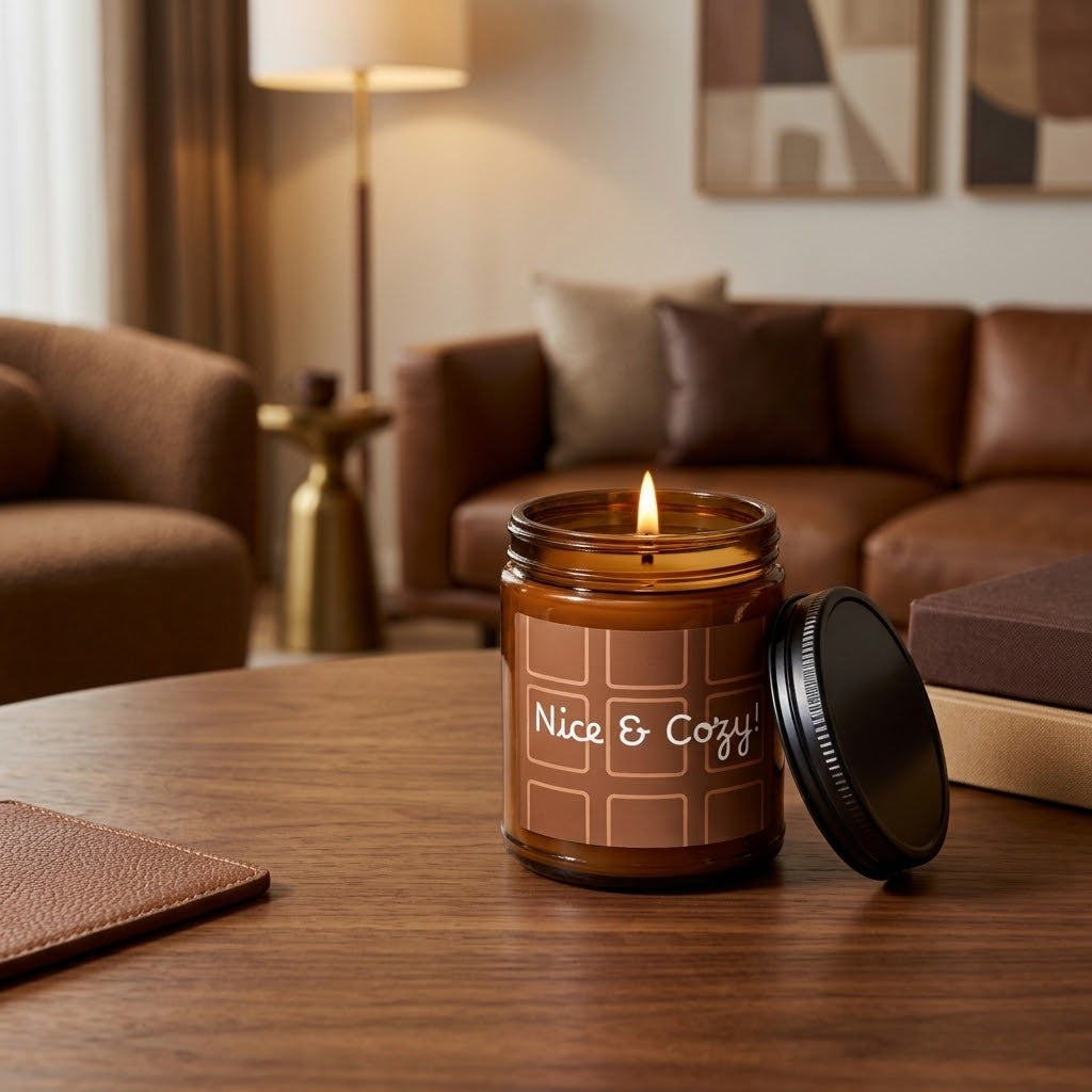 A lit amber glass jar candle with a black lid resting beside it on a wooden table in a cozy living room setting. The candle label reads 'Nice & Cozy'.