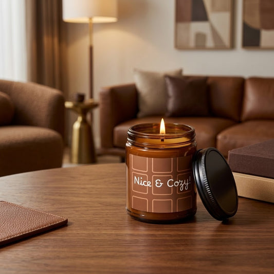 A lit amber glass jar candle with a black lid resting beside it on a wooden table in a cozy living room setting. The candle label reads 'Nice & Cozy'.