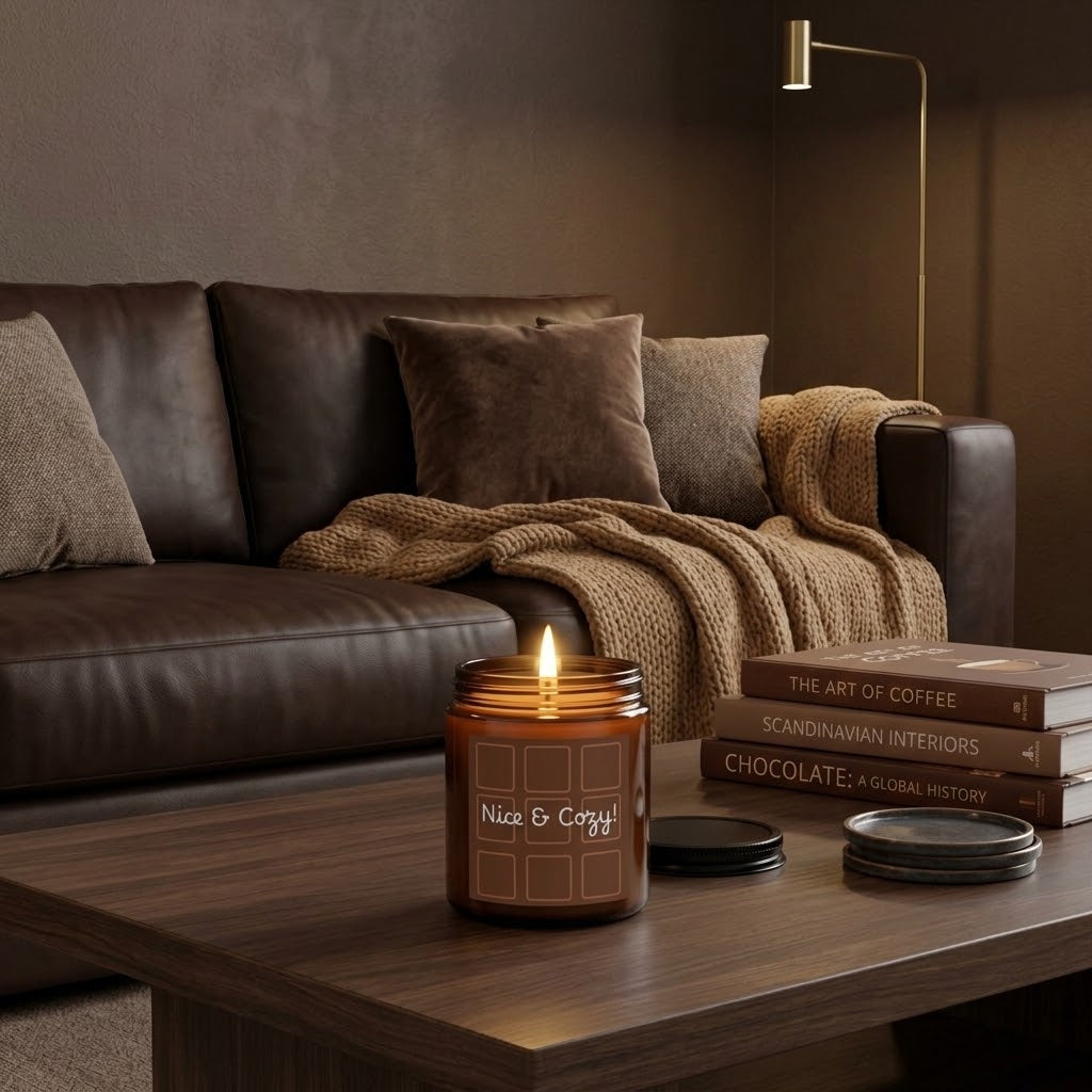 A lit amber glass jar candle labeled 'Nice & Cozy' sits on a wooden coffee table in a cozy living room setting with a brown leather sofa, throw blanket, floor lamp, and stacked books.