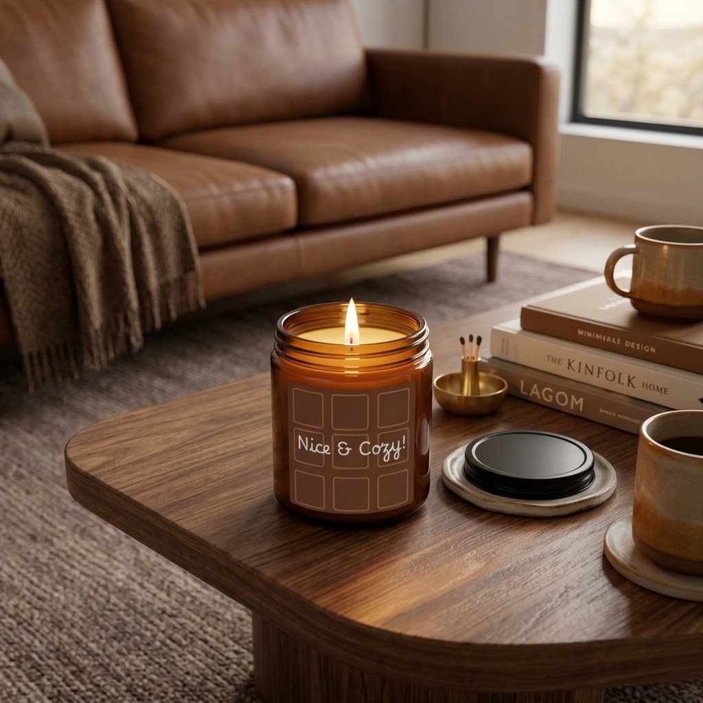 A lit amber glass jar candle sits on a wooden coffee table in a cozy living room setting, with a brown leather sofa, books, mugs, and a small brass match holder in the background.