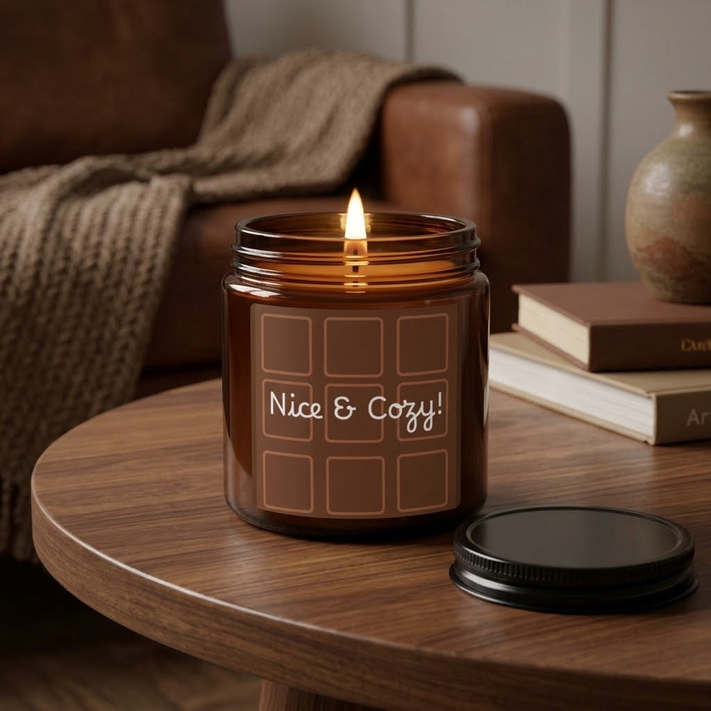 An amber glass jar candle with a lit flame sits on a round wooden table in a cozy living room setting. The jar has a white label reading 'Nice & Cozy!' with a grid pattern, and its black lid rests beside it.