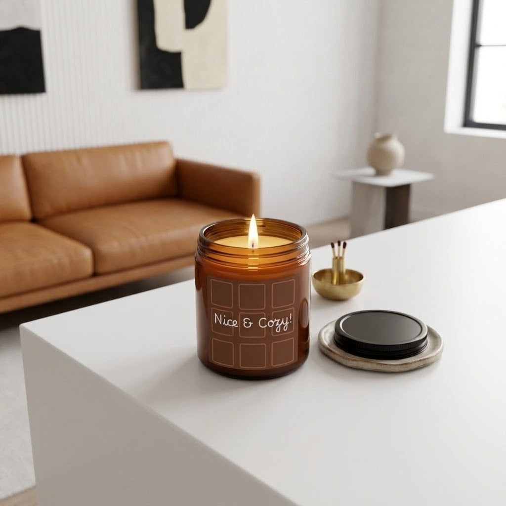 A lit amber glass candle jar labeled 'Nice & Calm' sits on a white table in a modern living room setting, with a brown leather sofa and wall art blurred in the background.