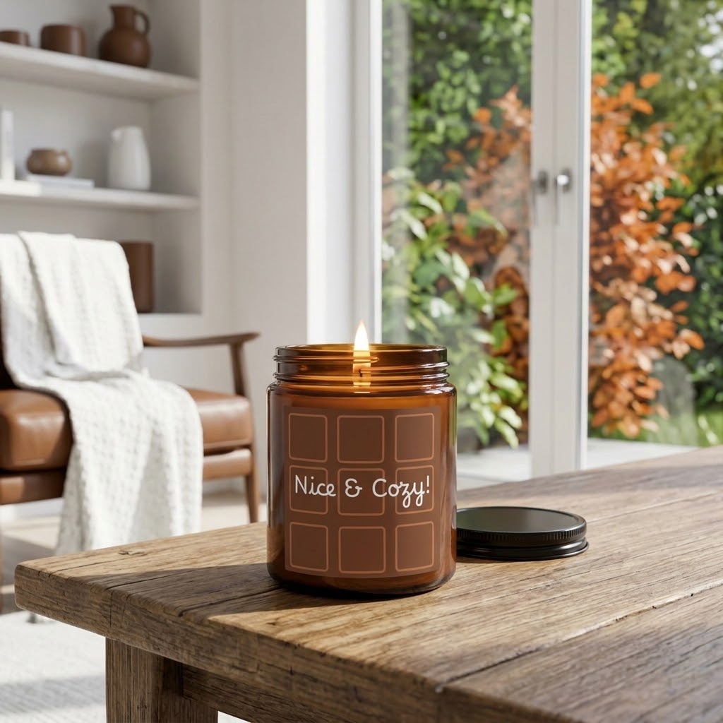 A lit amber glass jar candle sits on a rustic wooden table in a cozy living room setting. The candle features a printed chocolate bar design with the text 'Nice & Cozy!' and has its black lid resting beside it.