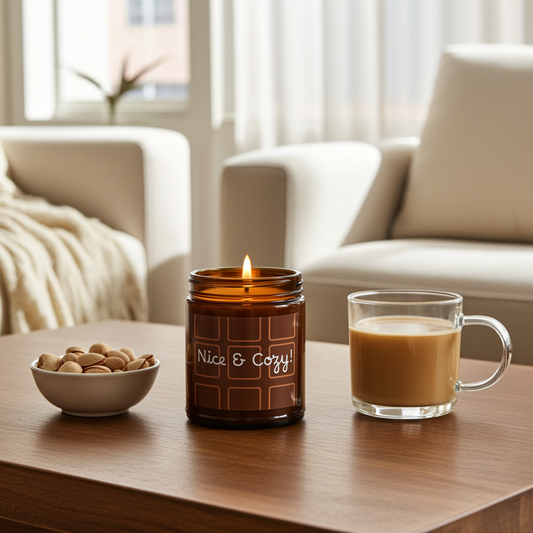 Candle labeled 'Nice & Cozy' with a glass of coffee and bowl of nuts on a table in a living room.