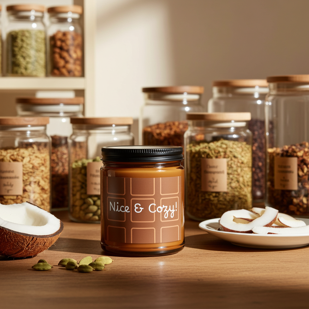 Jar of candle labeled 'Nice & Cozy' on a wooden surface with jars of seeds and a coconut in the background.