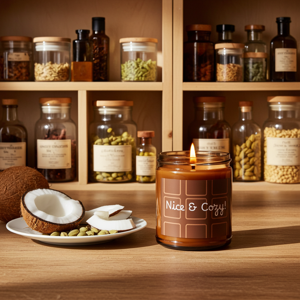 Candle labeled 'Nice & Cozy' on a wooden surface with jars and a coconut in the background