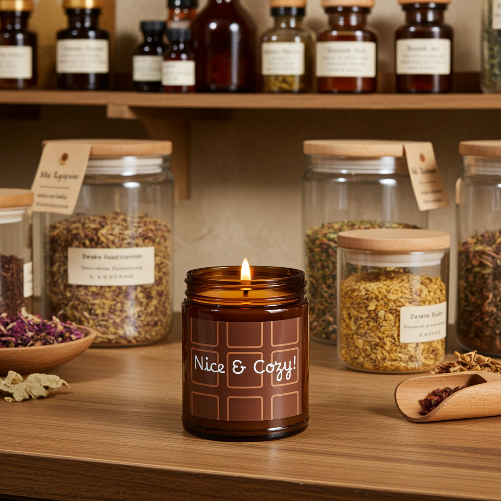 Candle labeled 'Nice & Cozy!' on a wooden shelf with jars and herbs