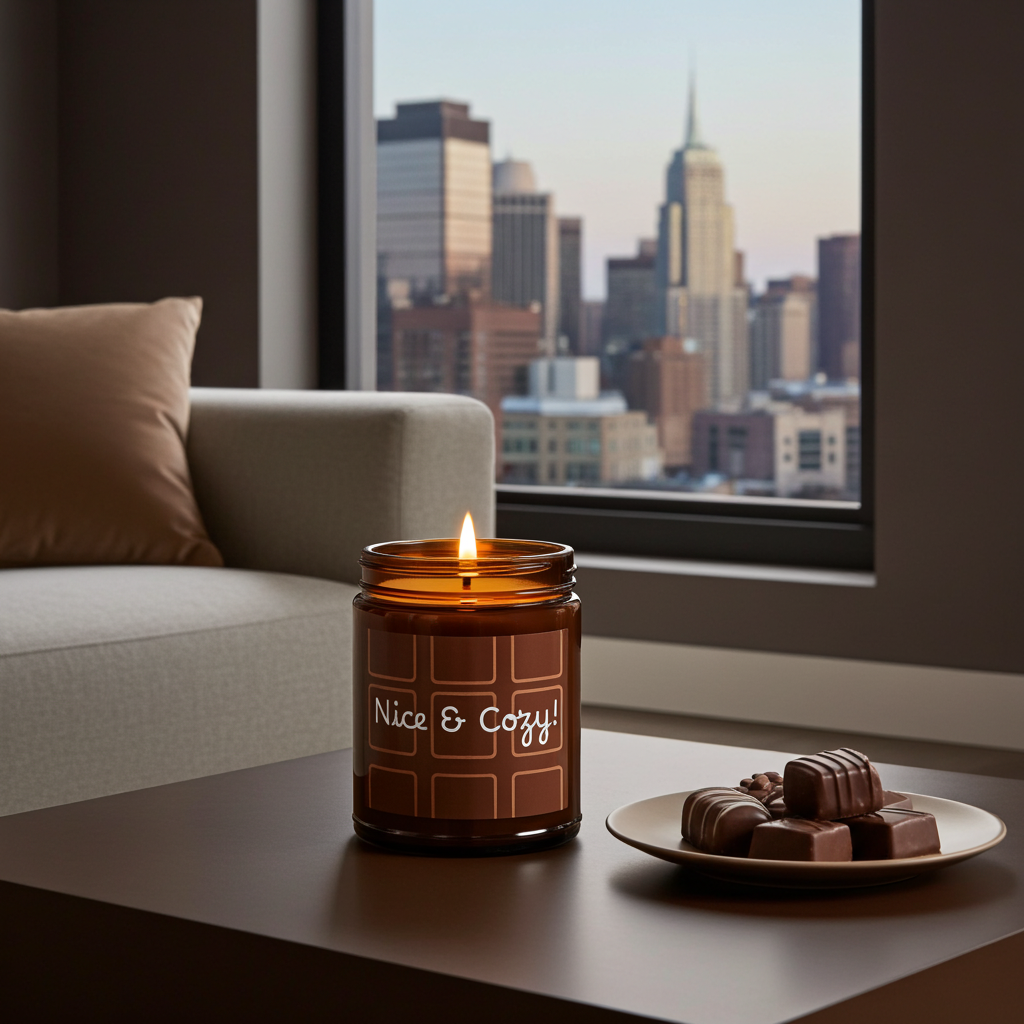 Candle labeled 'Nice & Cozy' on a table with a cityscape view through a window.