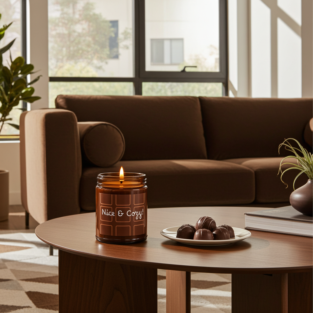 Candle on a table in a living room with a brown sofa and large windows.