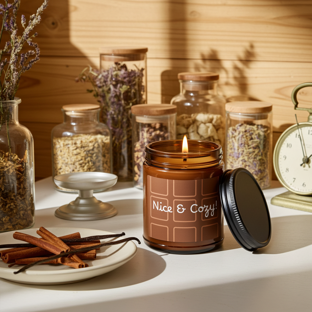 Candle labeled 'Nice & Cozy' on a table with jars, herbs, and a clock in the background.