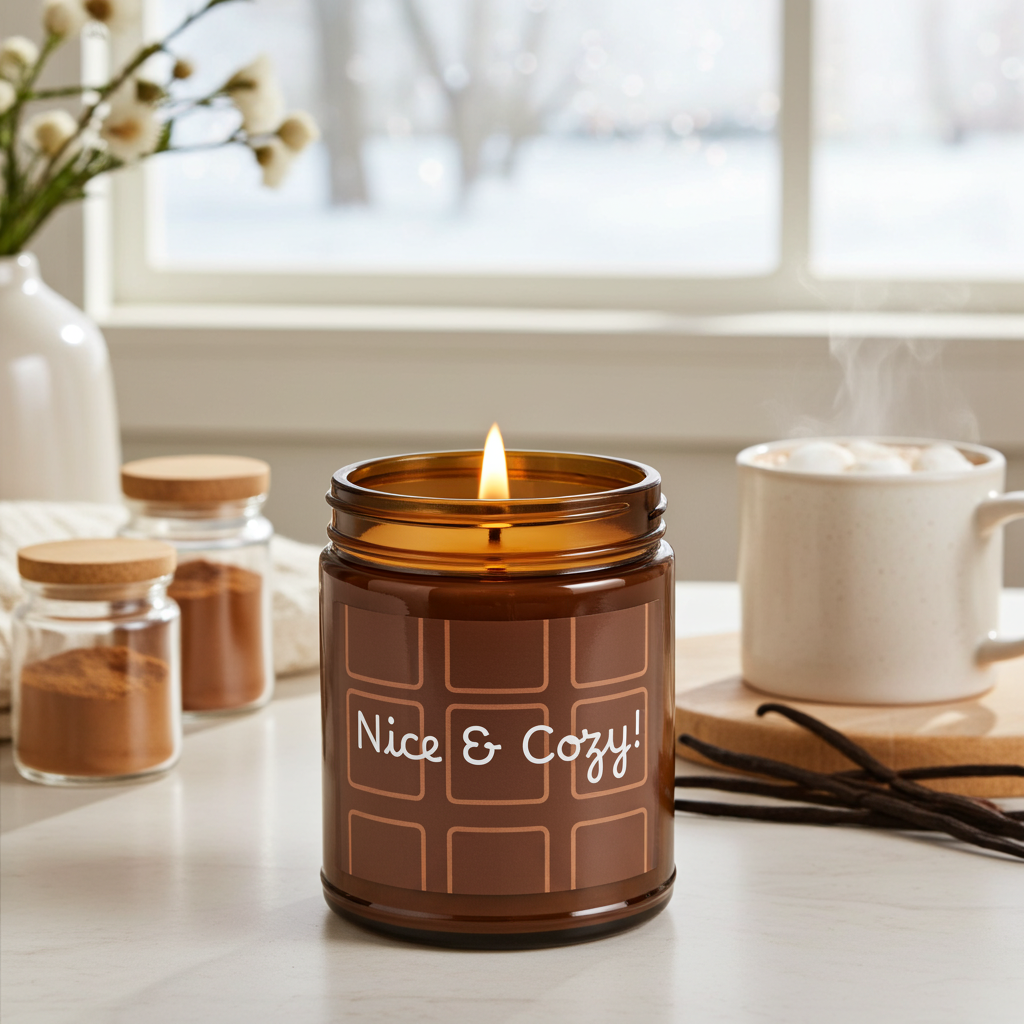 Candle in an amber jar labeled 'Nice & Cozy' on a table with a cup of coffee and jars in the background.