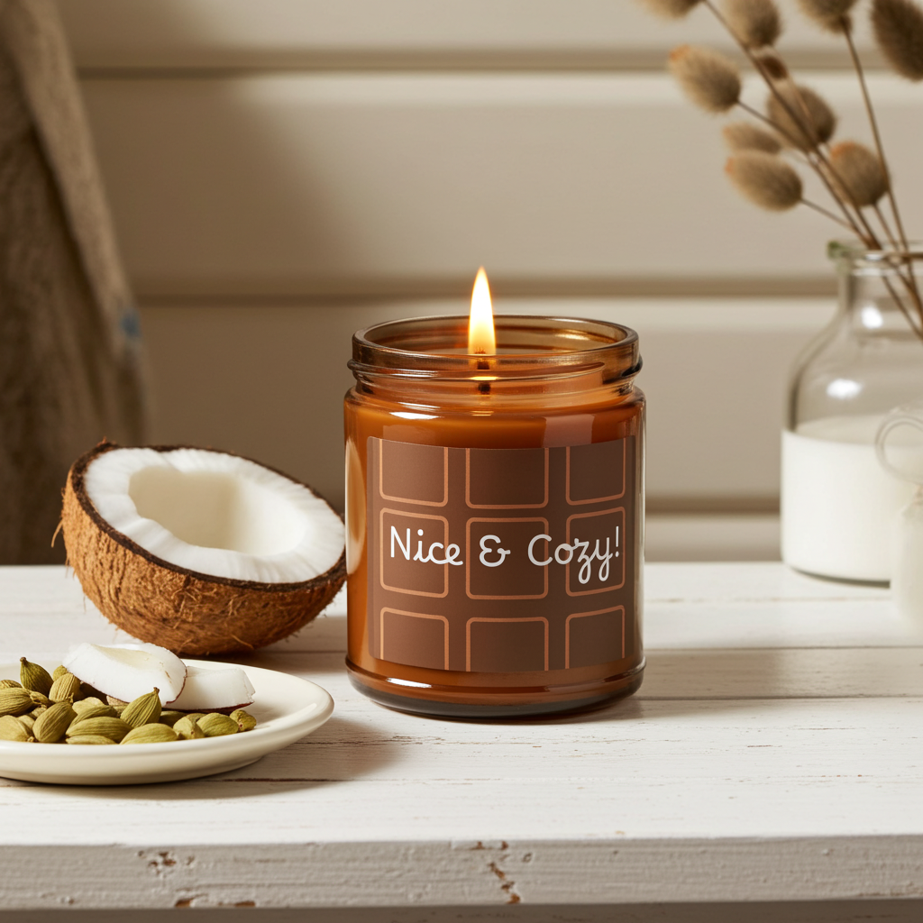 Candle labeled 'Nice & Cozy' on a table with a coconut and cardamom pods.