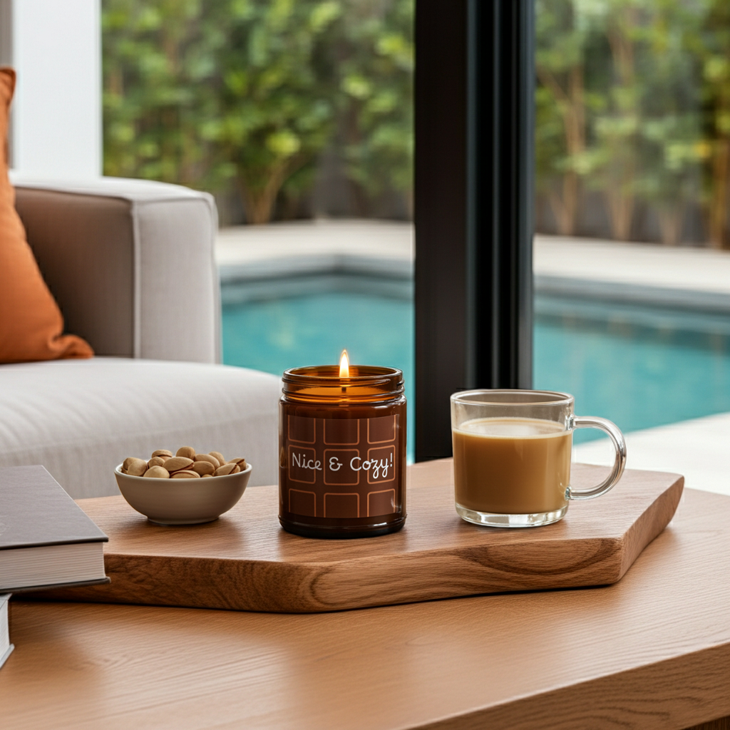 A lit amber glass jar candle with a brown label reading 'Nice & Cozy' sits on a wooden tray beside a glass mug of coffee on a table, with a sofa and pool visible in the background.