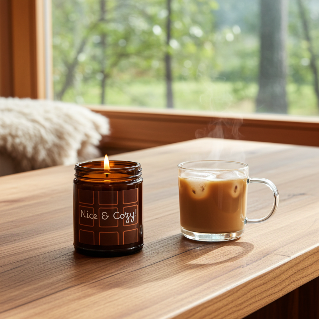 An amber glass jar candle labeled 'Nice & Cozy' sits on a wooden table next to a steaming glass mug of iced coffee, with a softly blurred window and outdoor greenery in the background.